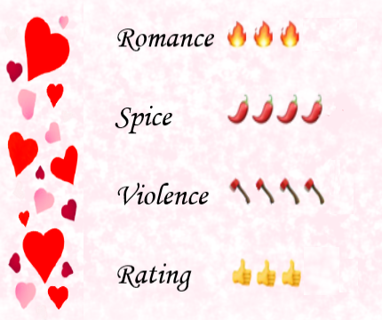 Pink speckled background with a hearts border to the left, along with ratings images of 3 flames for romance, 4 chilis for spice, 4 hatchets for violence and 3 thumbs up overall rating